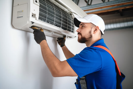 HVAC technician installing a mini split air conditioner in Saratoga Springs