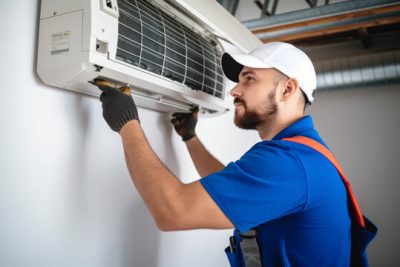 360_F_621046421_Vcay4nYa8ozdeodOQVDfES6MRrC6N3b8 Air conditioning technician servicing a wall-mounted AC unit in Saratoga Springs, UT